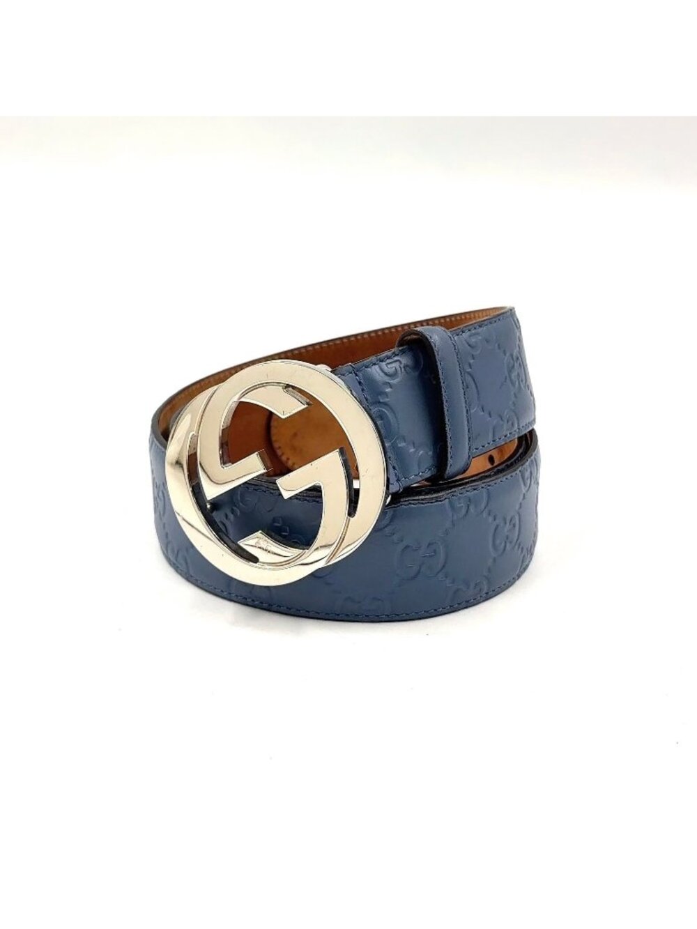 Gucci Interlocking G Buckle Leather Metal Blue Gray Belt Silver